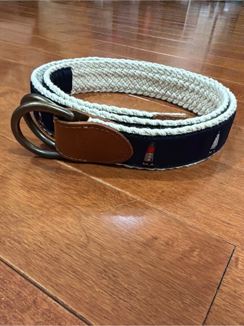 Polo Ralph Lauren Navy Beige Woven Canvas Leather Nautical NE Lighthouse Belt